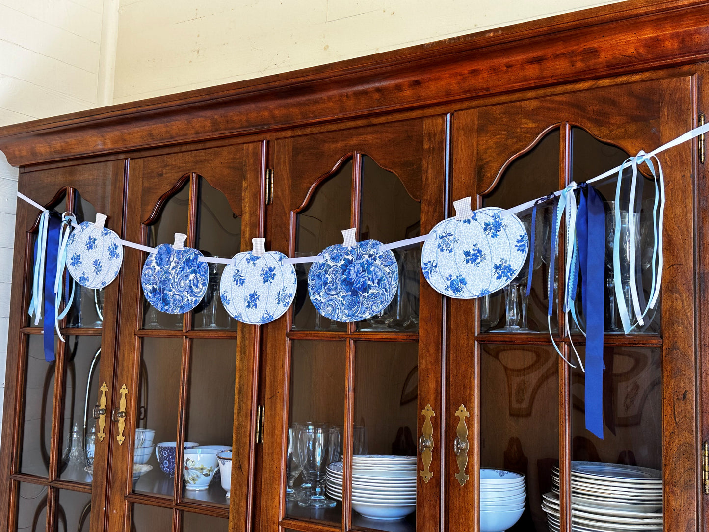 Blue and White Pumpkin Mantel Banner